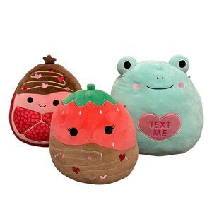 SQUISHMALLOWS VALENTINE Lot of 3 Plush Toys: Strawberry, Pomegranate, and Frog